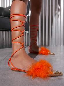 Sandalias planas de punta cerrada de peluche tobillo envolvente - Naranja - Ver 1