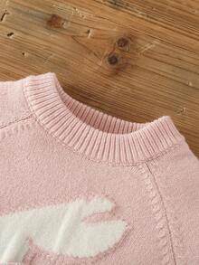 SHEIN Vintaside Kids 2-częściowy komplet dla dziewczynek: sweterek z żakardową dzianiną w kształcie króliczka i szerokie spodnie, urocze kwiatowe dekoracje w kształcie kokardy, modny strój na jesień/zimę, odpowiedni do noszenia na co dzień, na co dzień, w podróż, do szkoły - Różowy - Zobacz 3