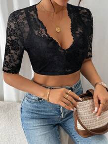 SHEIN Frenchy Women's Sexy Sheer Lace Cropped Top, Summer Party Black - Black - View 5