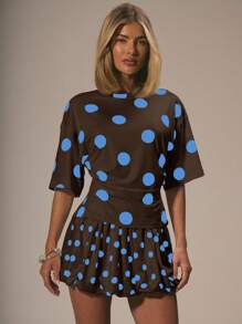 MUSERA 趣味波点超大款中袖修身T恤，适合假日、各种场合，优雅可爱，宽松舒适，机场秋冬印花春夏皆宜。 - 咖啡棕 - 查看 1