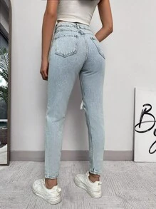 EURMUSE 100%Cotton Ripped Frayed Cut Out Skinny Jeans - Light Wash - View 2