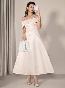 女士 A 字型优雅露肩中长连衣裙 - 杏色 - 查看 3