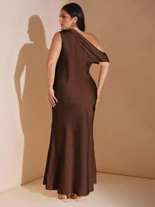 SHEIN BAE Women's Elegant Chocolate Brown Satin Maxi Dress,Winter Wedding Guest Asymmetric One Shoulder Hollow Backless Tie Up Formal Party Cocktail Dress - Coffee Brown - View 5