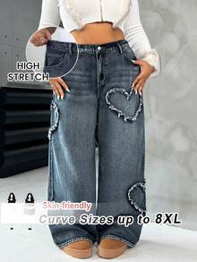 SHEIN CURVE+ 大码女式口袋心形磨边宽松休闲牛仔裤 - 深色水洗藍 - 查看 1