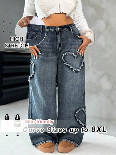 SHEIN CURVE+ 大码女式口袋心形磨边宽松休闲牛仔裤