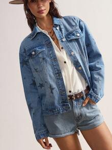 Bohemela Women's Minimalist Daily Wear Star Pattern Long Sleeve Denim Jacket Star Print Denim Jacket Women Star Denim Jacket Western Denim Jacket Women Women Jean Jacket Cowboy Jean Jacket Cowboy Jean Jacket Women