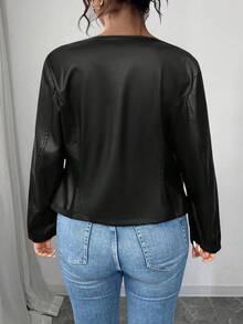 SHEIN PETITE CURVE 大码女式经典百搭 PU 夹克，小号系列 - 黑色 - 查看 2