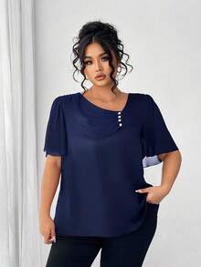 Elenzga 加大码不对称荷叶边领纽扣装饰短袖优雅衬衫 - 藏蓝色 - 查看 6