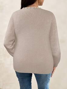 SHEIN Clasi 秋季大码女式仿珍珠装饰针织开衫 - 駝色 - 查看 2