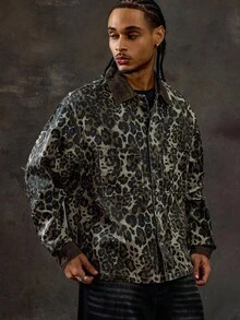 ROMWE MEN Street Life 豹纹休闲男士长袖口袋纽扣牛仔夹克 - 彩色 - 查看 6
