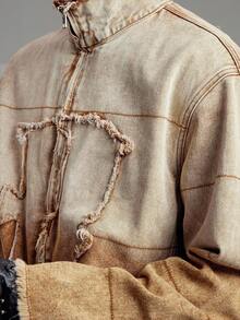 ROMWE MEN Grunge Punk Men's Gradient Frayed Hem Zip-Up Collar Denim Jacket - Black - View 6