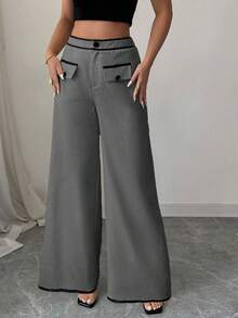 Elenzga Bohemian Contrast Ribbon Button Mature Charm Elegant Loose Wide Leg Maxi Women Pants, Spring/Summer Fall Cloth For Women