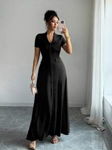 Elenzga Đầm Maxi Tay Ngắn Thắt Nơ Lưng Chữ A Lưng Cao Màu Nâu Thanh Lịch Cho Nữ - màu đen - Xem 3
