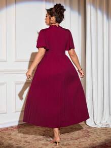 Cravure Plus Size Women Elegant Burgundy Summer Formal Dress,V-Neck Ruffle Trim Rhinestone Embellished Ruched Waist Pleated Short Sleeve Commuting Dress - Burgundy - View 2