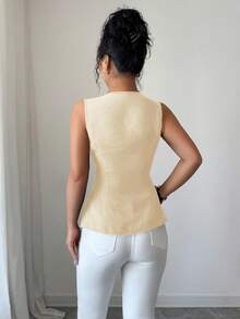 Elenzga 时尚无袖收腰黑色夹克，金色纽扣装饰，适合春夏季日常穿着