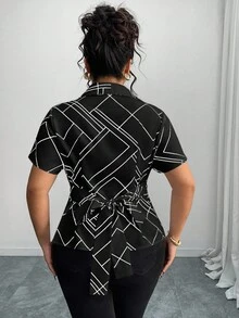 Elenzga Plus Size Women Twist Knot Collar Cinched Waist Geometric Lines Shirt - Black and White - View 2