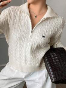 Dazy Plus Zip-Up Half Open Collar Loose Embroidered Pattern Long Sleeve Pullover Sweater, Spring/Autumn - Apricot - View 8