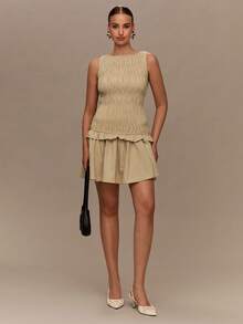 Enchnt Váy thời trang không tay viền bèo nhún màu trơn cho nữ - Màu be - Xem 3