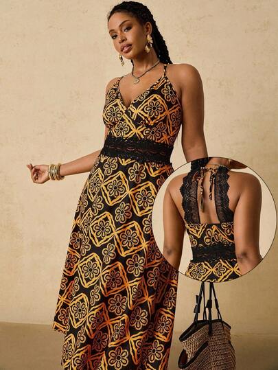 SHEIN VCAY Vestido largo de mujer de talla grande con estampado retro geométrico africano, vestido de tirantes con espalda de encaje para conciertos, ropa bohemia para mujer, rave