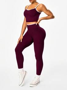 Seamluxe SHEIN Sport 女式短款吊带背心和高腰紧身裤运动套装健身套装 - 酒紅色 - 查看 2