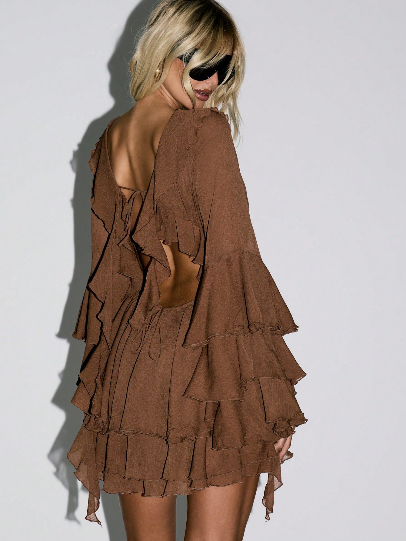 KIZN Ruffled Tiered Mini Dress With Bell Sleeves
