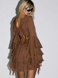 KIZN Ruffle Tiered Mini Dress Bell Sleeve Open Back Boho Fall Winter Party Club Cocktail Holiday Special Occasion Flowy Festival Short Frock