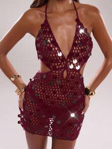 SHEIN BAE Vestido de punto con escote halter sin mangas y calado con decoración de lentejuelas para mujer