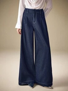 Selenza 女士时尚休闲水洗阔腿牛仔裤 - 藍色 - 查看 8