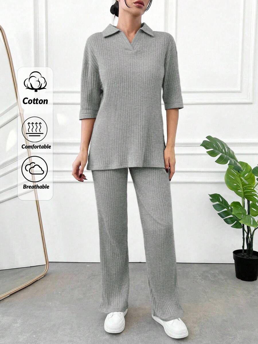 Cottnline Cotton Women's Solid Color Ribbed Ringer Top & Long Pants 2 Pieces Set, Summer Casual Outfit - Grey - View 1