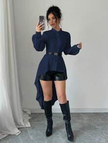 Elenzga Short Front And Long Back Stand-Up Collar Open Placket A-Line Lotus Leaf Puff Sleeves Long Sleeves Long Shirt