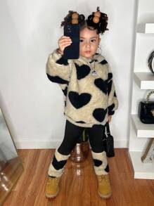 SHEIN Young Girl Young Girls Heart Print Hoodie Sweatshirt & Knit Autumn Pants 2 Piece Outfit,Fleece Long Sleeve Pullover & Leggings Set,Winter, Matching - Black - View 6