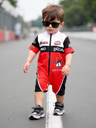 SHEIN 1pc Baby Boy Fashion Racing Car Service Letter Badge Digital Print Contrast Color Design, Convenient Zipper, Suitable For Outdoor Wear Race Car Outfit Baby Boy Clothes Summer Sets Boys Racing Outfit Baby Boy Race Car Jumpsuit, Baby Boy Casual Minimalist Stylish Racing Culture Graphic Print Jumpsuit, Racing Sports, Back To School Race Car Costume Baby Racing Suit Race Car Clothes Baby Boy Racing Outfit