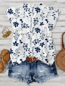 Linhara Plus Size Women Plant Print Cap Sleeve Shirt - Multicolor - View 2