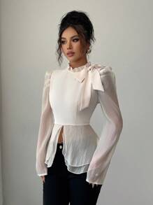 Elenzga 优雅浪漫荷叶边领羊腿袖修身女式衬衫 - 杏色 - 查看 5