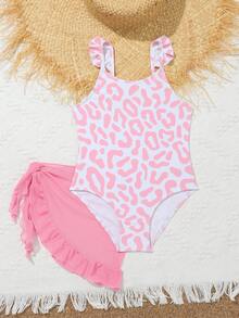 年輕女孩豹紋荷葉邊連體泳衣和領帶泳裙套裝，隨機印花 - 彩色 - 查看 6