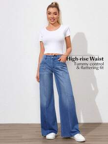 Flexra 女士休闲宽松拼布口袋阔腿牛仔裤