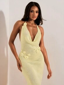 Opulessa Cubre de mujer con cuello halter y espalda descubierta con decoración de flores 3D, para vacaciones y playa