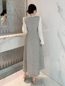 DAZY Đầm cổ tròn đính ngọc trai nhiều màu sắc cho nữ, thắt eo, vải họa tiết, thanh lịch - Nhiều màu - Xem 6