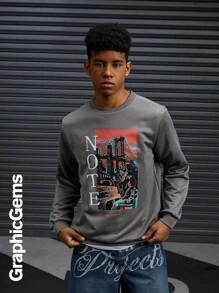 SHEIN Coolqubz Áo nỉ dài tay cổ tròn in hình cầu London cho bé trai tuổi teen - Xám - Xem 4