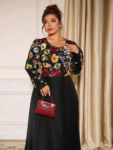 Allurite Große Größen Elegantes Partykleid für Damen mit 3D-Stickerei, Rundhalsausschnitt, Langarm, A-Linie, früher Herbst - Schwarz - Übersicht 5