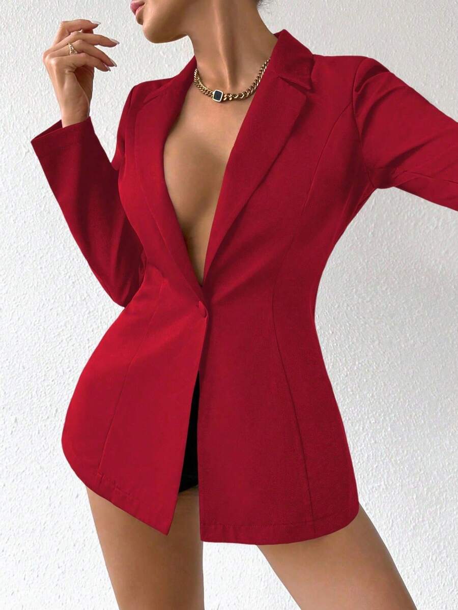 Chiquease Damen Einfarbige Blazer Jacke mit Kragen, Langarm, Einzelknopf, für Lässig/Büro, Herbst