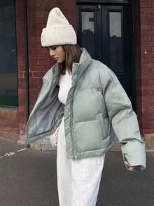 Livesso Solid Color Loose Collar Short Cotton-Padded Coat For Women Jacket - Mint Green - View 4