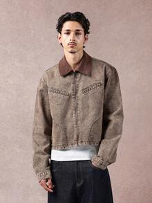 SUMWON Áo khoác denim cổ bẻ màu nâu cổ điển, áo khoác ngoài cổ điển, giặt ủi, phong cách đường phố, thường ngày, thu đông, áo khoác jean miền Tây có khóa kéo phía trước - màu nâu - Xem 5