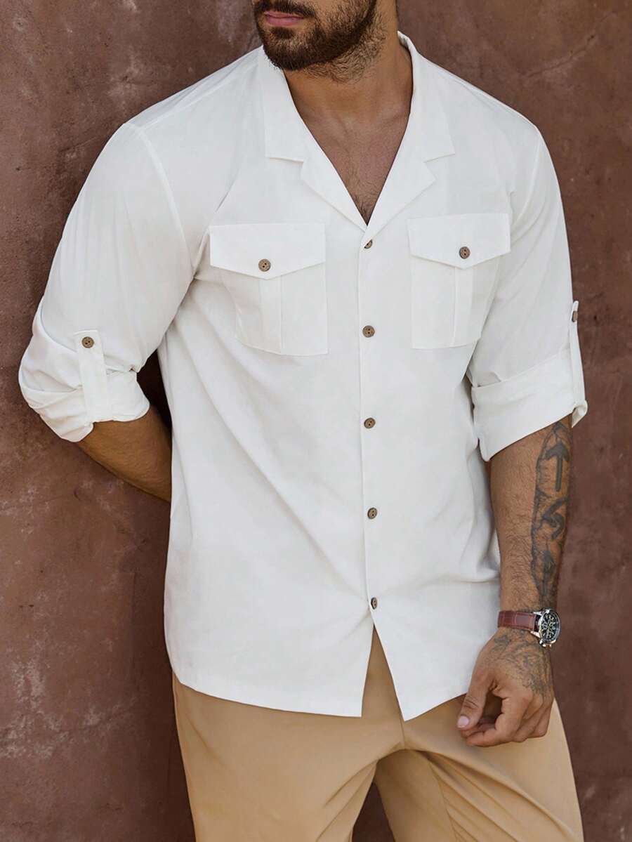 Manfinity Homme 男士白色口袋前扣长袖衬衫和卡其色裤子套装，秋季服装 - 彩色 - 查看 1