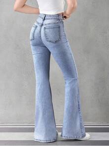 Sparklyn 少女休闲时尚简约设计洗水浅蓝色喇叭牛仔裤 - 中等水洗藍 - 查看 2