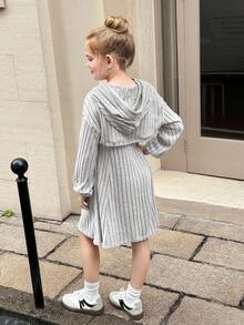 SHEIN Tween Girl Solid Ribbed Camisole Dress And Long Sleeve Hoodie Casual 2-Piece Set, Suitable For Holiday, Summer, Travel, Vacation - Light Grey - View 2