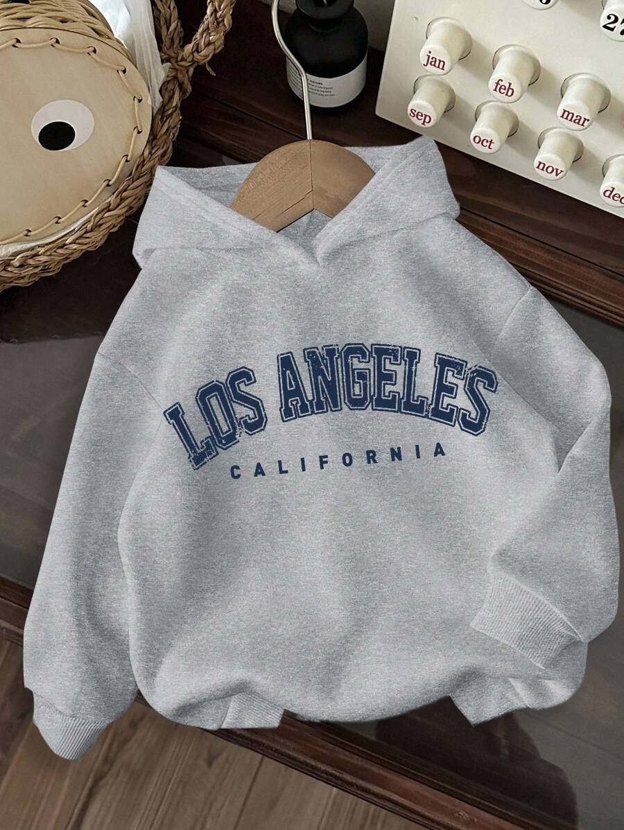 Young Boys' Casual Comfortable Los Angeles Graphic Print Thick Knit Long Sleeve Sweatshirt, Suitable For Autumn/Winter Fall - Light Grey - View 1