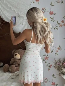 Váy ngủ hai dây gợi cảm CottageSlumber dệt kim ren hoa viền nơ cho nữ - Màu be - Xem 2