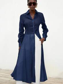 Aveloria Modichic فستان قميص ماكسي أنيق وجذاب من قماش شفاف مزخرف، بياقة على شكل حرف V وأكمام منتفخة طويلة، خصر مربوط، تصميم مطوي معقد للنساء