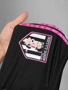 Betty Boop | ROMWE 女式休闲街头时尚骑行风格抽绳腰部卡通人物和数字印花撞色条纹侧短裤，夏季 - 黑色 - 查看 8